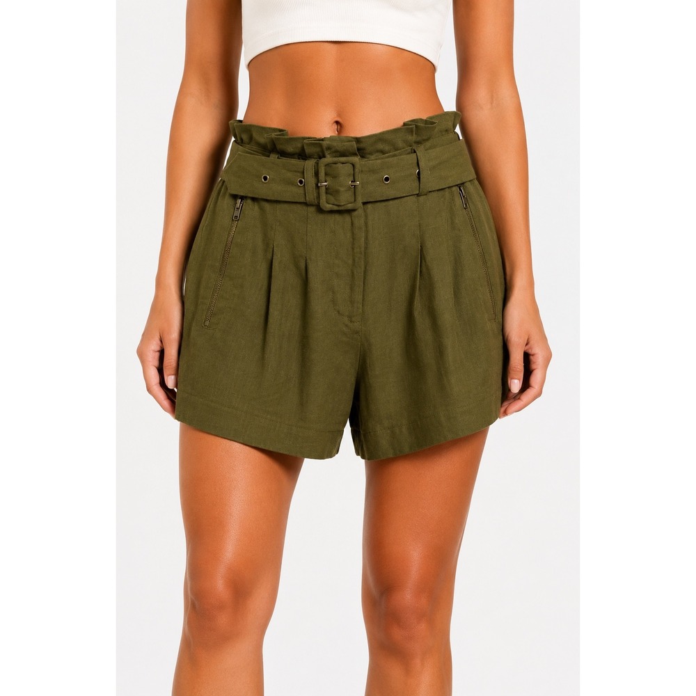 Forever 21 Belted Paperbag Waist Pleated Shorts Olive Green XS